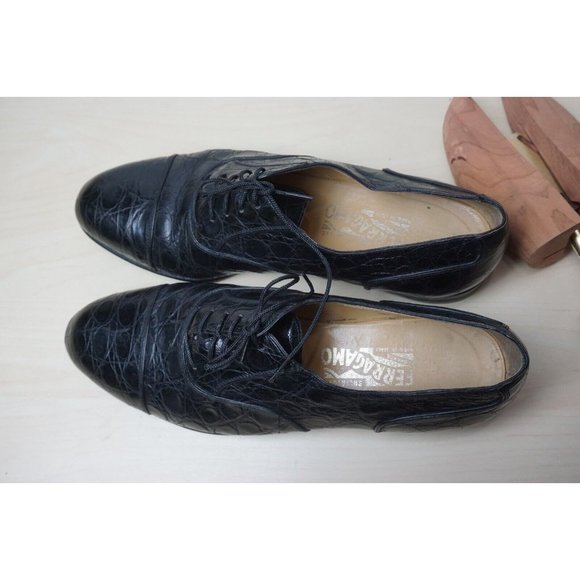 Salvatore Ferragamo Black Cap Toe Crocodile Alligator Dress Shoes Sz 10D main image 11
